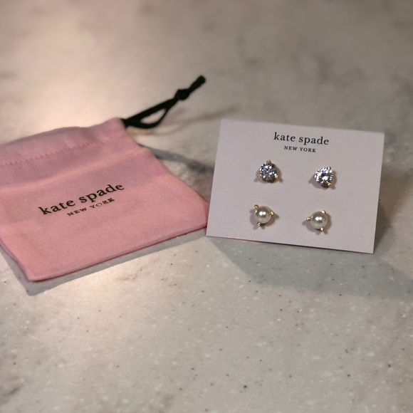 NWT Kate Spade Rise and Shine Zirconia & Pearl 2-Stud Set